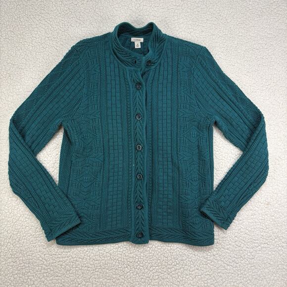 Vintage LL Bean Cable Knit Fisherman Cardigan Chunky Cotton Granny M Teal Green - Picture 1 of 8